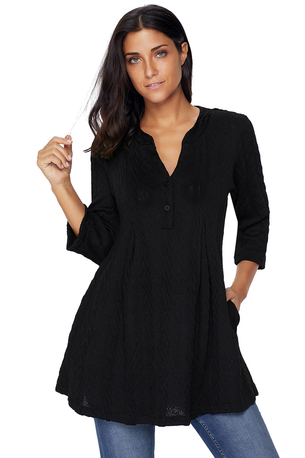 BY27750-2 Black Cable Knit Button Neck Swingy Tunic